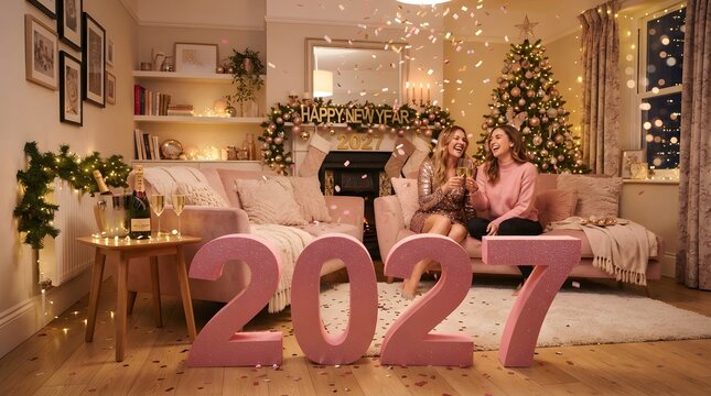 Two women celebrating new year 2027 with giant pink numbers