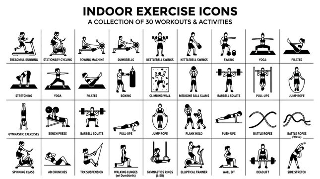 Collection of thirty indoor exercise icons
