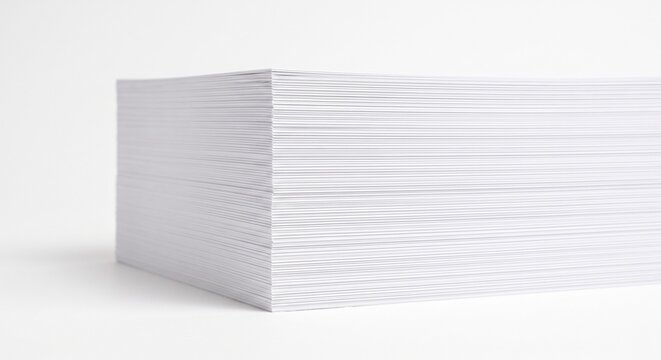 Neat stack of white paper sheets viewed from the edge isolated on white background