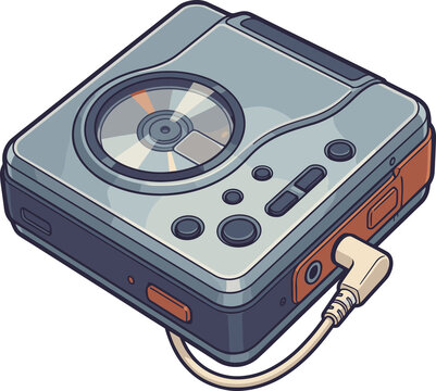 Portable CD Player: An illustrated vintage portable CD player with visible disc and headphone jack, representing nostalgia and a bygone era of music listening.