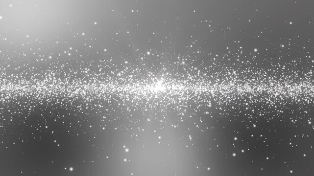 シルバー背景を流れる輝く白と銀の光粒子と繊細なグリッターのシームレスループ動画素材 / Shining white and silver light particles and delicate glitter stream loop background on silver gradient