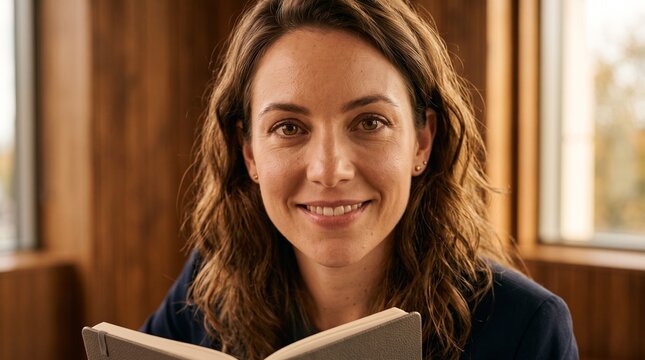Woman smiling directly at the camera while holding an open book indoors near a wooden wall.