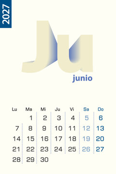 Minimalist calendar template for June 2027, vector calendar in Spanish language.