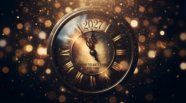Vintage clock showing 2027 with golden bokeh lights