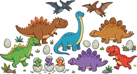 Fototapeta premium Cute cartoon dinosaur character collection featuring tyrannosaurus brachiosaurus stegosaurus pterodactyl and hatching baby eggs