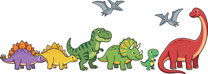 Cute cartoon dinosaurs set collection including tyrannosaurus rex triceratops stegosaurus pterodactyl and brachiosaurus vector illustration isolated on white © Leon