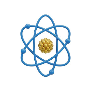 3D render of a modern atomic structure with blue orbitals and gold nucleus on white background