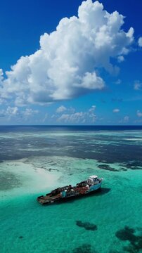 4K drone footage flying over rusty shipwreck resting on white sand floor under crystal transparent sea water. Perfect background for cinematic stock media projects.