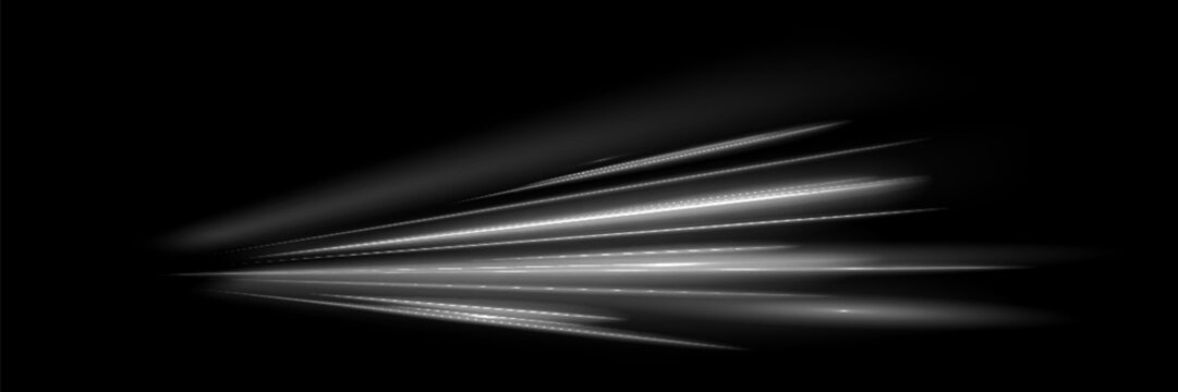 Abstract white light streaks and motion blur speed lines converging to a vanishing point on dark background, futuristic energy beam effect for technology.