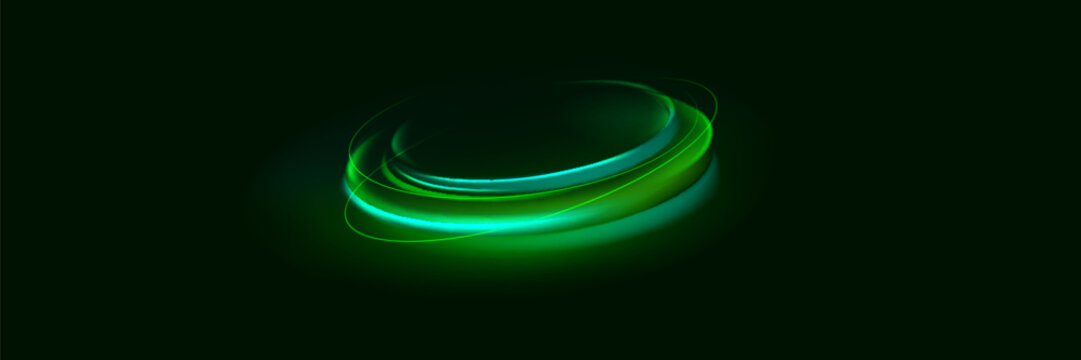 Light green Twirl. Green line curve light effect. Glowing green circle. Green light trail, vortex, wave speed, trace line twirl pedestal.