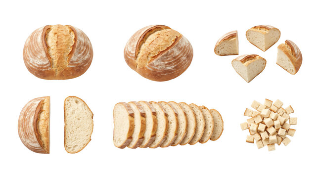 Fresh white bread loaf and slices set isolated on white background with copy space, bakery product design element for bakery shop menu, food marketing banner and presentation