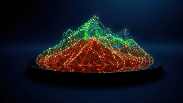 Low poly mountain landscape. Glowing lines form peaks, base sits on dark platform. Futuristic, digital art style.