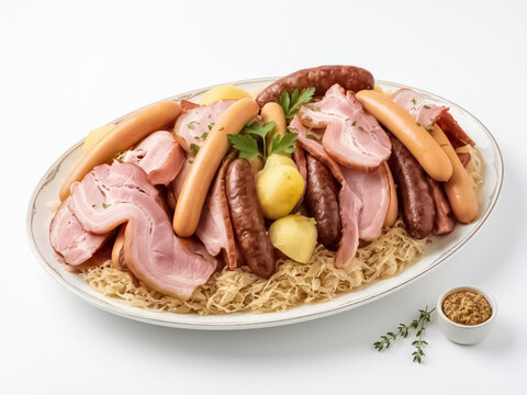 Plat de choucroute royale sur fond blanc 