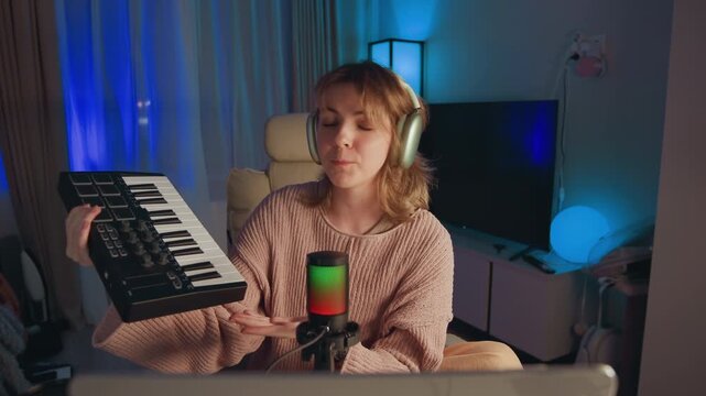 Smiling young woman in home bedroom studio lifts MIDI keyboard toward camera while wearing over-ear headphones, with condenser microphone, blue ambient glow, casual sweater, and creative audio setup