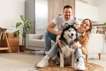 Family bonding and pet ownership, happy couple sitting on floor with husky dog in modern living room for lifestyle and domestic happiness © Pixel-Shot