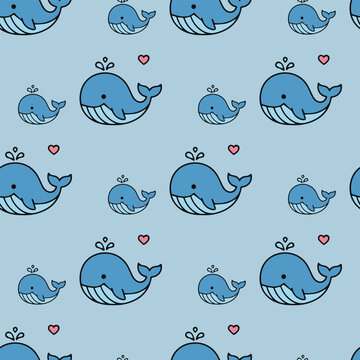 Cute Blue Whale Seamless Pattern with Hearts for Baby Nursery Decor and Fabric