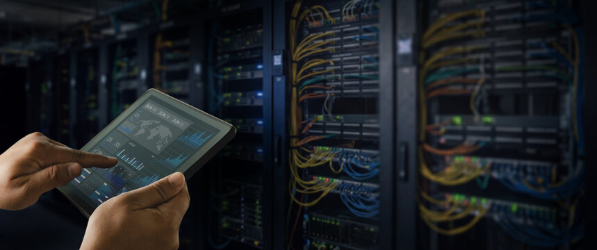 man or technician using tablet dashboard beside network and server racks, monitoring network systems and managing data center IT infrastructure.