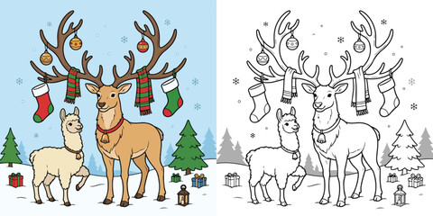 Obraz premium llama using a giant reindeer as a christmas coat rack impossible situation funny animal fun cartoon clipart line art print vector illustration school student children child kid kids coloring book