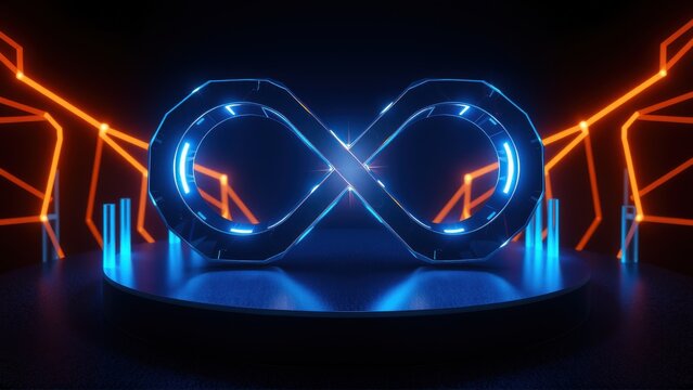 Glowing infinity symbol sits atop pedestal. Orange lines frame dark background. Futuristic design evokes limitless possibilities, digital space.