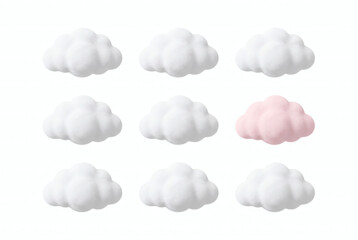 Obraz premium One pink cloud among eight white clouds