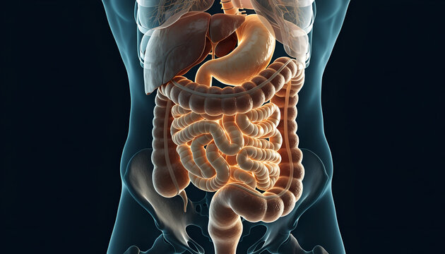 Detailed Human Digestive System Anatomy Illustration Showing the Liver, Stomach, Small Intestine and Large Intestine