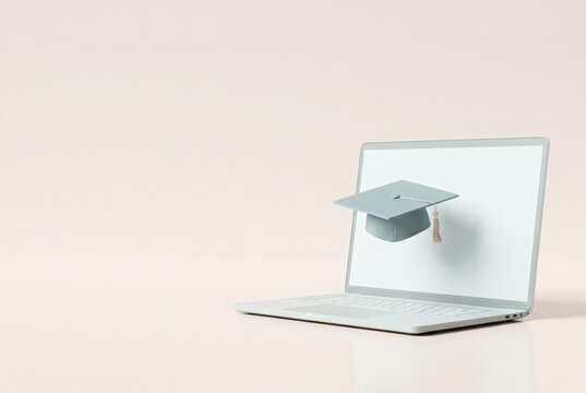 Graduation cap emerging from a laptop screen