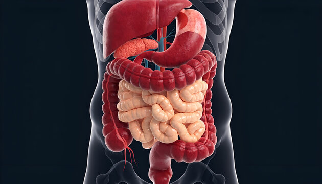 3D Human Digestive System Anatomy Illustration Showing the Liver, Stomach, Small Intestine and Colon