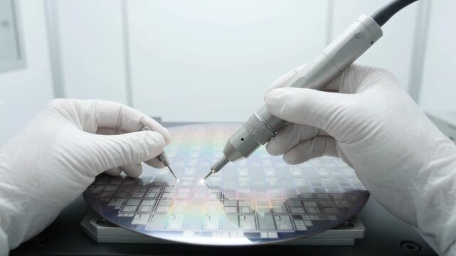 Cinematic POV Shot of Engineer Hands Inspecting Silicon Wafer in Cleanroom Fab