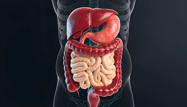 3D Human Digestive System Anatomy Illustration Showing the Liver, Stomach, Small Intestine and Colon