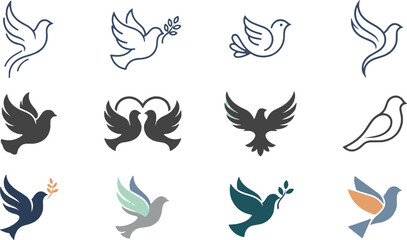 Obraz premium Dove Peace Hope Freedom Birds Flying Line and Silhouette Vector Icon Set