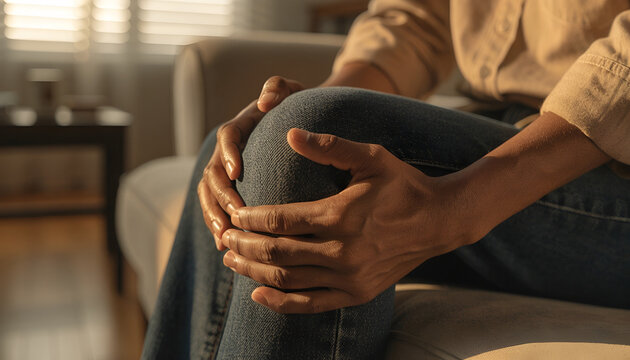 Adult Experiencing Knee Pain While Sitting at Home, Holding Sore Knee for Pain Relief