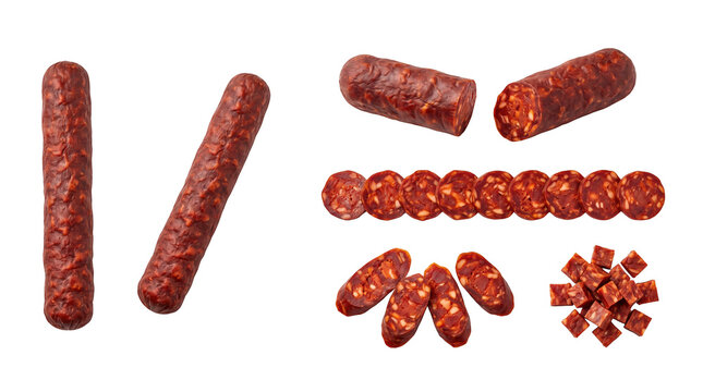 Sliced spanish chorizo sausage pieces isolated on white background with copy space, spicy cured meat design element for tapas menu, charcuterie marketing banner and presentation