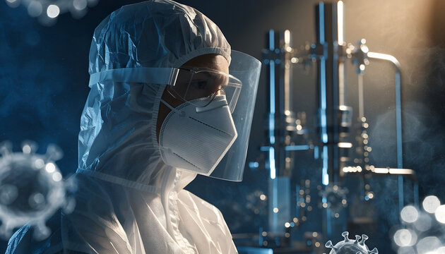 Medical Researcher in Protective Biohazard Suit Studying Infectious Viruses in Laboratory