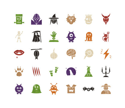 Halloween monster icon set with paper cut texture, vampire, werewolf, zombie, witch, devil, skeleton, grim reaper and cute monsters on transparent background
