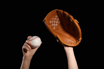 Baseball sports training and competition, person holding a leather glove and ball for team practice or professional game preparation on black background © Pixel-Shot