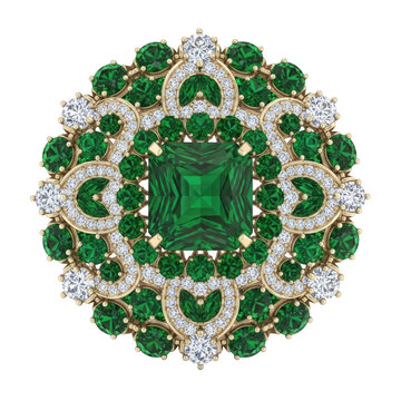 Luxurious ornate ring centerpiece featuring a central square emerald surrounded by cascading green emeralds and sparkling diamonds set in intricate gold design
