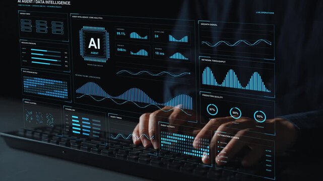 AI specialist works at a keyboard. An AI data workspace tracks streams, queries and computing resources, illustrating the relationship between analytical results and performance.