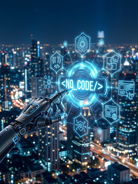 Futuristic Robot Hand Touching Digital No Code Interface Cityscape