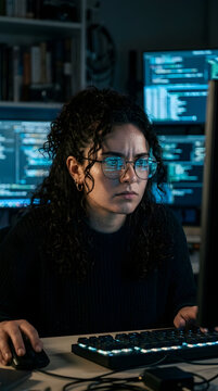 Focused female software developer working late night on computer code