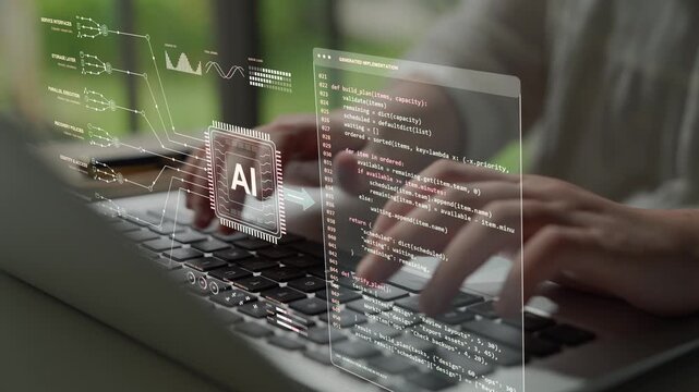 Hands type on a laptop. An AI coding system connects architectural requirements with implementation, bringing service APIs, storage and access rules into the development process.