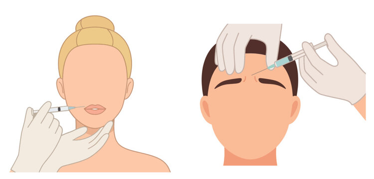 Facial Cosmetic Injection Concept Set Lip Filler Procedure for Woman and Forehead Botox Injection for Man Vector Illustration Isolated on White Background