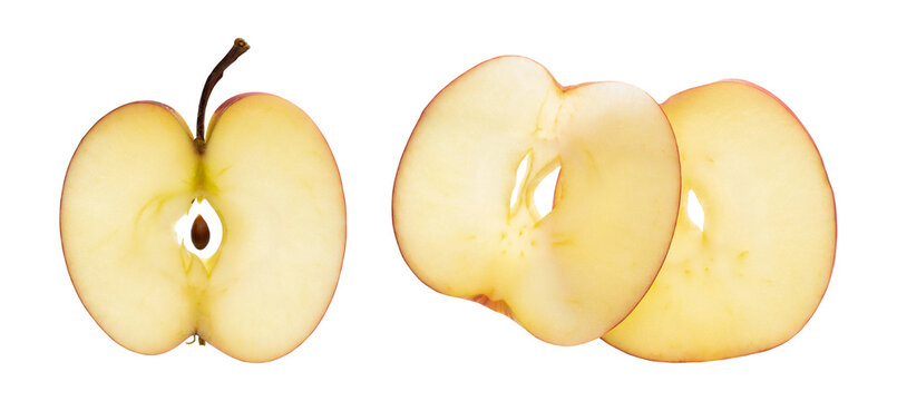 Three fresh raw apple slices cross section isolated on transparent background without shadow with clipping path.