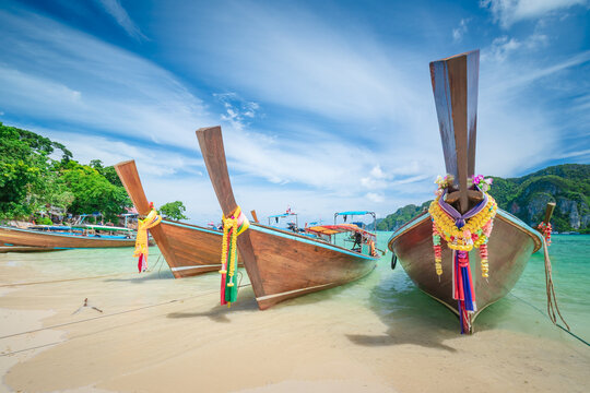 Natural scenery of long-tail boats on the beach of Phi Phi Don, Krabi, Thailand