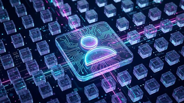 Glowing user profile icon within futuristic circuit board grid with glass cubes and neon lighting