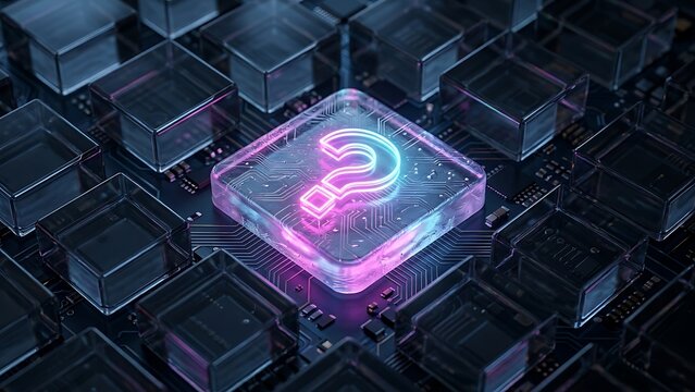 Glowing neon question mark symbol embedded inside futuristic microchip processor component circuitry design