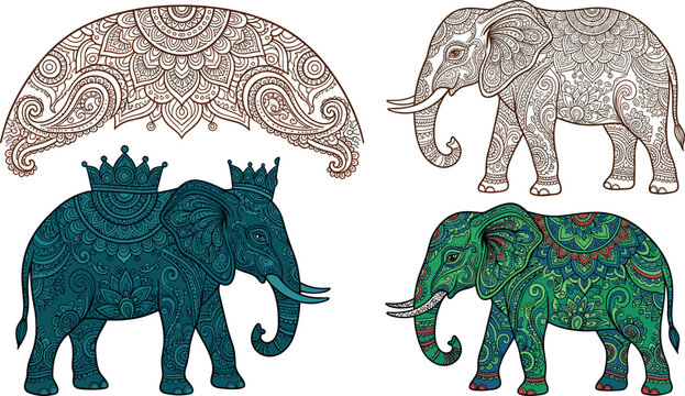 Decorative Indian elephant vector clip art set adorned with intricate floral mandalas traditional mehndi patterns and crown details