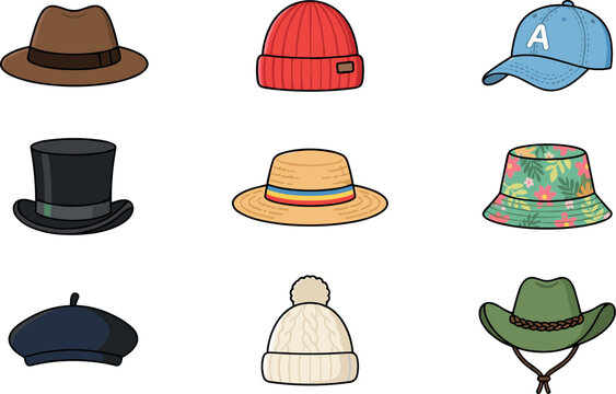 Different types of hats collection set including fedora beanie baseball cap top hat bucket hat and cowboy hat