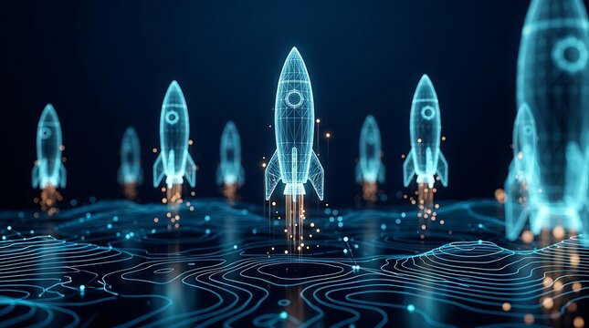 Glowing digital rockets launching upward from abstract grid landscape representing technological startup success and innovation