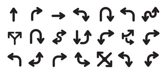 Fototapeta premium Various black arrow icons collection for direction navigation and interface design user flow systems.