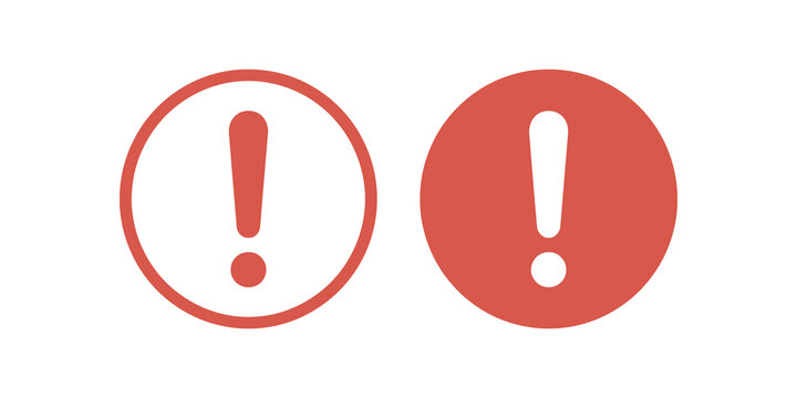 Exclamation mark alert icon set featuring attention notification symbols and round warning icons in outline and solid vector styles.
